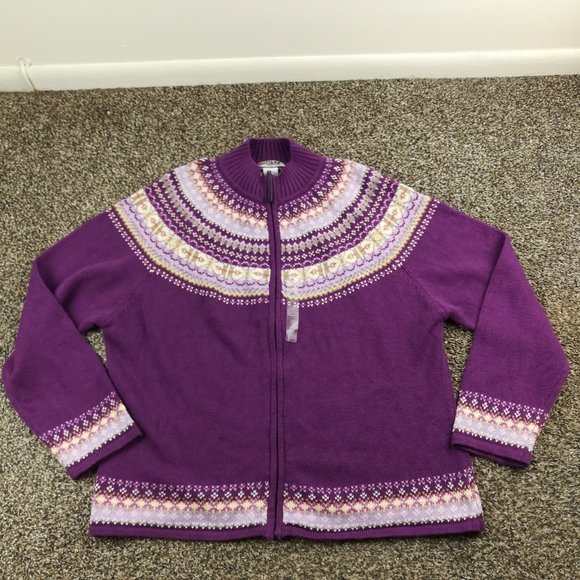 NWOT Vintage Tiara Sweater Fair Isle Cardigan Full Zip Purple Womens XL - Picture 1 of 8